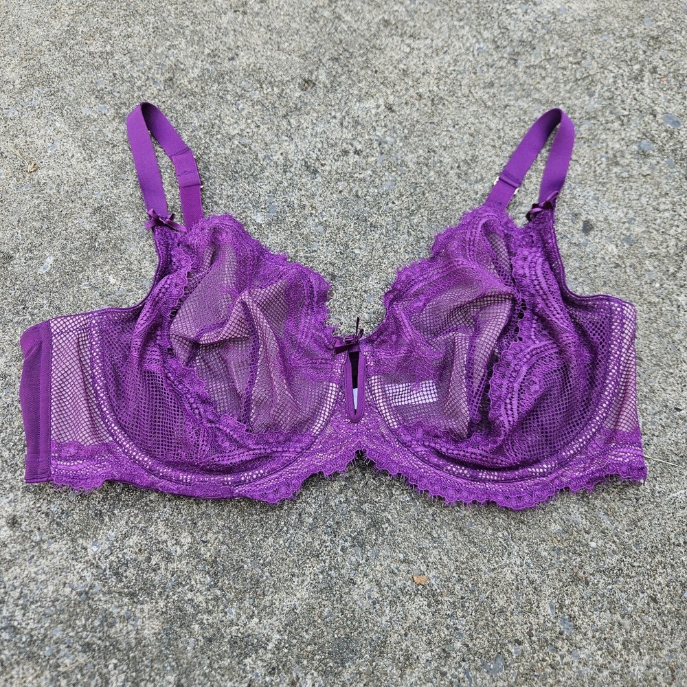 Cacique Plunge Lace Underwire Bra Full Coverage 44DD Purple Balconette Mesh